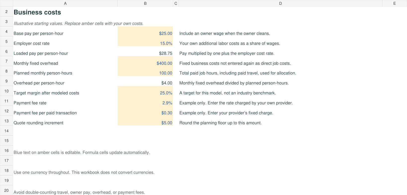Settings tab of the MaidBench workbook with fictional sample data